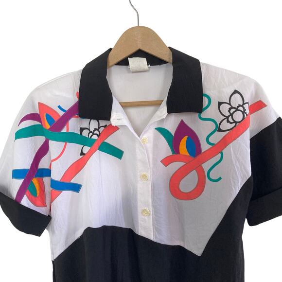 Funky 80s Black and white Polo Style Blouse - Picture 2 of 7